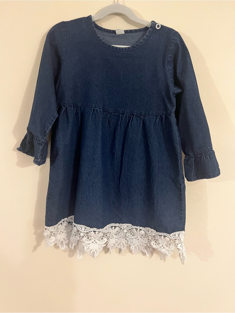Girls' Dark Blue Denim Dress with White Lace Trim